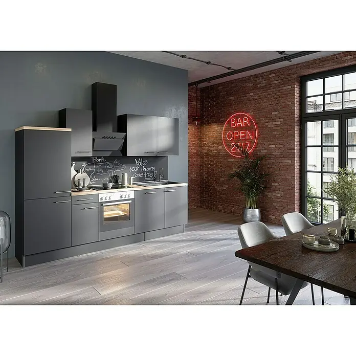 Optifit Küchenzeile OPTIkoncept Ingvar420 Typ 1 - Breite: 270 cm, Anthrazit, Mit Elektrogeräten - Modernes Küchendesign mit grauen Schränken, schwarzen Akzenten und Holzarbeitsplatten, kombiniert mit einer gemütlichen Essecke in Backsteinoptik.