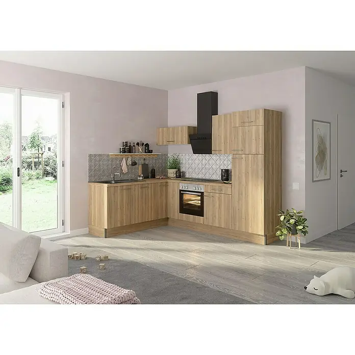 Optifit Winkelküche OPTIkoncept Erik290 Typ 2B x T: 270 x 200 cm, Nachbildung Wildeiche, Mit Elektrogeräten, Spüle links - Die moderne Winkelküche in Holzoptik bietet viel Stauraum und eine integrierte Essecke für ein gemütliches Ambiente.