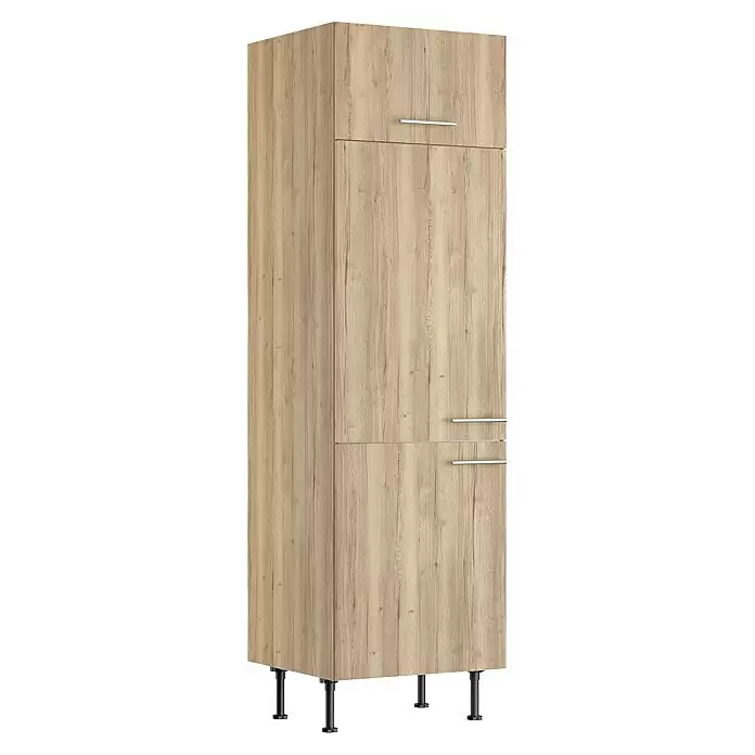 Optifit Demi-Geräteumbauschrank Erik290 - L x B x H: 58,1 x 60 x 211,8 cm, Nachbildung Wildeiche, Für integrierbaren Kühlschrank - Freistehender Hochschrank in heller Holzoptik mit drei Türen, drei silbernen Griffen und schwarzen verstellbaren Beinen.