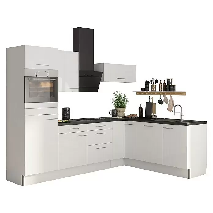 Optifit Winkelküche OPTIkoncept Rurik986 Typ 1 - B x T: 270 x 200 cm, Weiß, Mit Elektrogeräten, Spüle rechts - Diagonale Ansicht