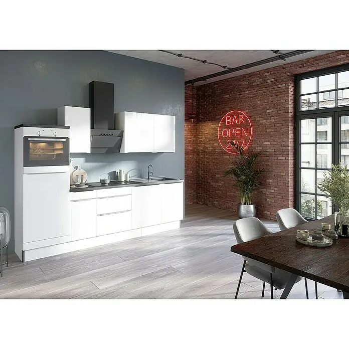 Optifit Küchenzeile OPTIkoncept Arvid986 Typ 5 - Breite: 270 cm, Weiß, Mit Elektrogeräten - Moderne Küche mit weißen Schränken, schwarzem Dunstabzug und Esstisch unter einem roten "Bar Open 24/7" Neonschild.