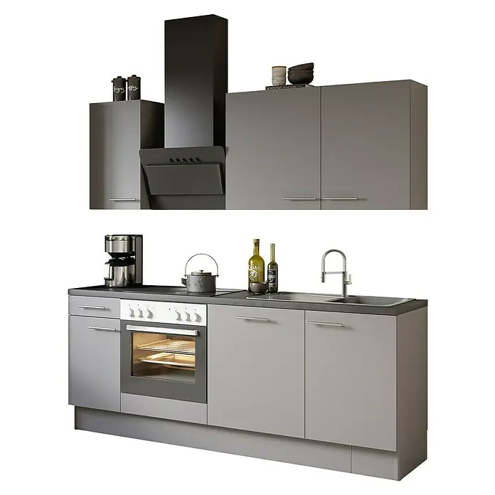 Optifit Küchenzeile OPTIkoncept Mats825 - Breite: 210 cm, Basaltgrau, Ohne Elektrogeräte - Diese moderne Küchenzeile in Grau mit Elektrogeräten bietet eine stilvolle und funktionale Lösung für jede Küche.
