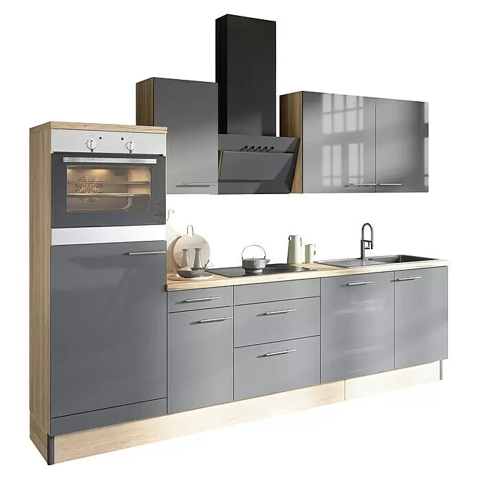 Optifit Küchenzeile OPTIkoncept Jonte984 Typ 5 - Breite: 270 cm, Anthrazit, Mit Elektrogeräten - Moderne Einbauküche mit grauen Fronten, hellen Holzdetails, schwarzer Dunstabzugshaube, Ofen, Kochfeld und Spüle.