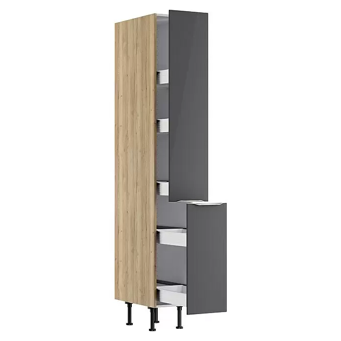 Optifit Apotheker-Hochschrank Optikomfort Linus984 - L x B x H: 58,1 x 30 x 211,8 cm, Glanz Lack Anthrazit - Hoher Küchenschrank mit heller Holzoptik-Apothekerschrank und dunkelgrauen Hochglanz-Türen/Schubladen auf schwarzen Füßen.