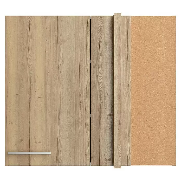 Optifit Eck-Hängeschrank Erik290 - L x B x H: 34,6 x 85 x 70,4 cm, Nachbildung Wildeiche - Helle Holzmaserung Schranktür mit Silbergriff und offener Spanplattenseite.
