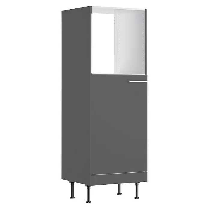 Optifit Midischrank Ingvar420 - L x B x H: 58,1 x 60 x 176,6 cm, Anthrazit matt, Für Einbaubackofen und integrierbaren Kühlschrank - Dunkelgrauer Küchenhochschrank mit offenem oberen Bereich (weiß innen) und geschlossenem Unterteil mit silbernem Griff, auf schwarzen Beinen.