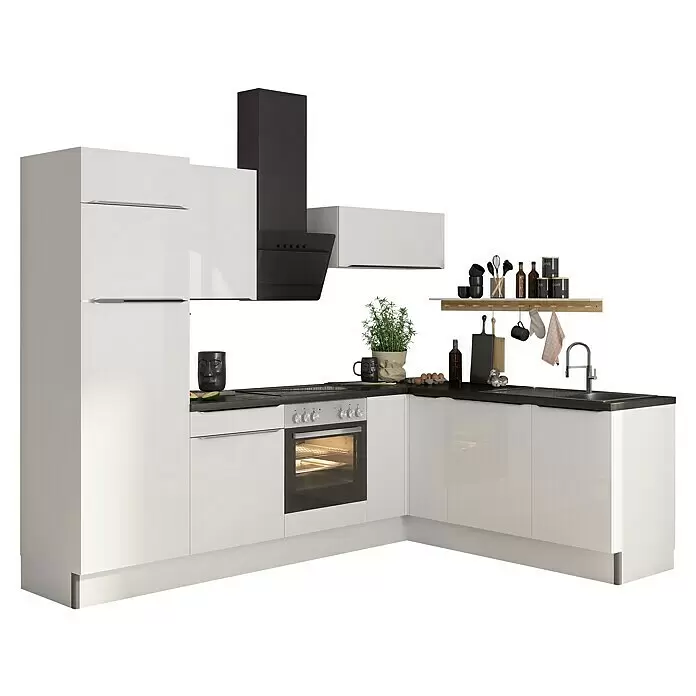 Optifit Küchenleerblock OPTIkoncept Arvid986 Typ 2 - B x T: 270 x 200 cm, Weiß, Ohne Elektrogeräte, Spüle rechts - Moderne L-förmige Küche mit weißen Schränken, schwarzer Arbeitsplatte und integrierten Geräten (Ofen, Herd, Dunstabzug, Spüle).