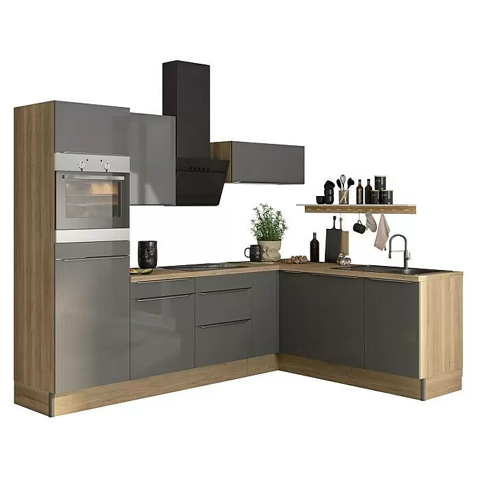 Optifit Küchenleerblock OPTIkoncept Linus984 Typ 1 - B x T: 270 x 200 cm, Anthrazit, Ohne Elektrogeräte, Spüle rechts - Moderne Eckküche in Grau und Holzoptik mit integriertem Backofen, Kochfeld, Spüle, Dunstabzugshaube und Zubehör.