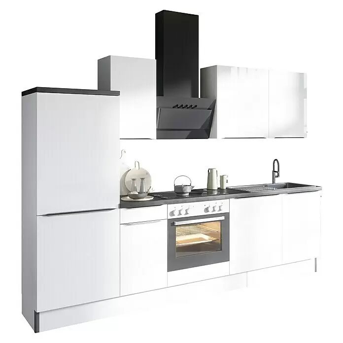 Optifit Küchenzeile OPTIkoncept Arvid986 Typ 1 - Breite: 270 cm, Weiß, Mit Elektrogeräten - Moderne weiße Küche mit grauer Arbeitsplatte, schwarzer Dunstabzugshaube, Kühlschrank, Backofen und Spüle.
