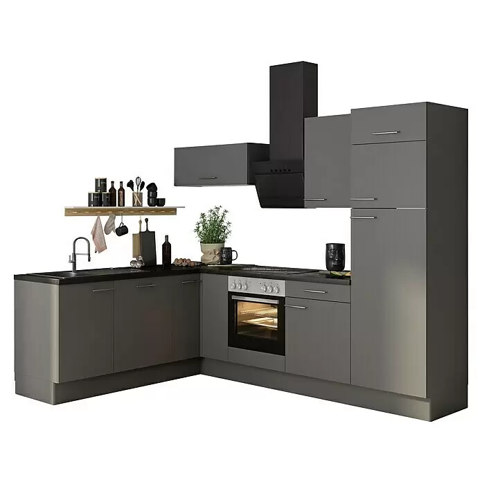 Optifit Winkelküche OPTIkoncept Mats825 Typ 2 - B x T: 270 x 200 cm, Basaltgrau, Mit Elektrogeräten, Spüle links - L-förmige Küchenzeile in Grau mit schwarzer Arbeitsplatte und Geräten, inklusive Spüle, Herd, Backofen und Hängeschränken.
