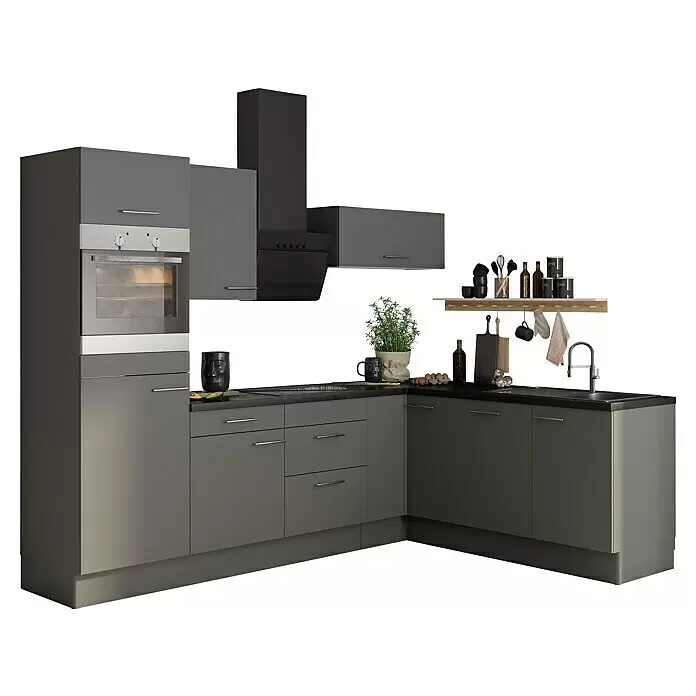 Optifit Küchenleerblock OPTIkoncept Mats825 Typ 1 - B x T: 270 x 60 cm, Basaltgrau, Ohne Elektrogeräte, Spüle rechts - Moderne graue L-förmige Küchenzeile mit integriertem Backofen, schwarzer Arbeitsplatte, Spüle und Küchenzubehör.