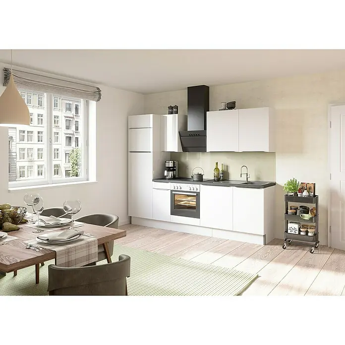 Optifit Küchenleerblock OPTIkoncept Arvid986 Typ 4 - Breite: 270 cm, Weiß, Ohne Elektrogeräte - Helles Küchendesign mit weißen Möbeln, Esstisch und einem Regalwagen, der zusätzlichen Stauraum bietet.