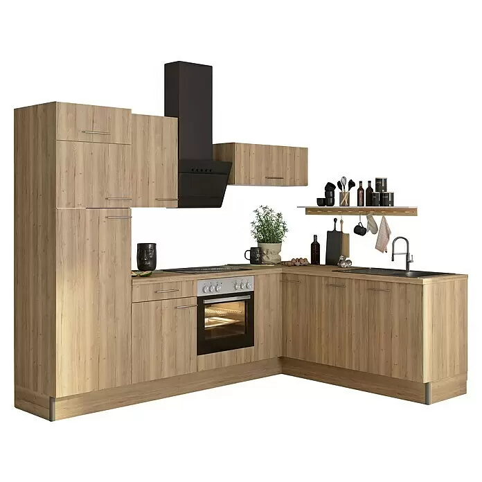 Optifit Winkelküche OPTIkoncept Erik290 Typ 2 - B x T: 270 x 200 cm, Nachbildung Wildeiche, Mit Elektrogeräten, Spüle rechts - Moderne Eckküche in heller Holzoptik mit schwarzen Einbaugeräten und Spüle.