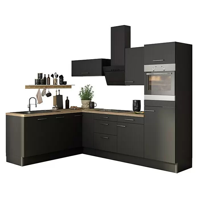 Optifit Küchenleerblock OPTIkoncept Ingvar420 Typ 1 - B x T: 270 x 200 cm, Anthrazit, Ohne Elektrogeräte, Spüle links - Dunkelgraue L-förmige Küche mit heller Holz-Arbeitsplatte, integrierter Spüle, Backofen und Dunstabzugshaube, mit verschiedenen Küchenaccessoires.