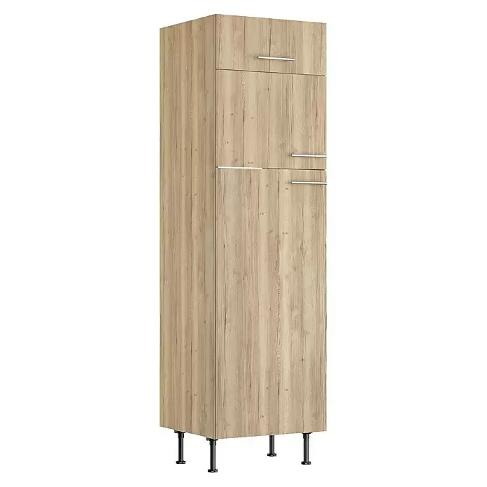 Optifit Demi-Geräteumbauschrank Erik290 - L x B x H: 58,1 x 60 x 211,8 cm, Nachbildung Wildeiche, Für integrierbare Kühl-Gefrierkombination - Hoher Schrank in heller Eichenoptik mit vier Fächern, Metallgriffen und schwarzen verstellbaren Beinen, ideal für Küche oder Hauswirtschaftsraum.