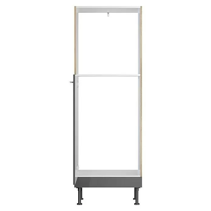 Optifit Geräteumbauschrank Jonte984 - L x B x H: 58,1 x 60 x 176,6 cm, Glanz Lack Anthrazit, Für Einbaubackofen und integrierbaren Kühlschrank - Weißes und graues Schrankgestell mit Holzoptik-Vertikalpaneelen und verstellbaren Füßen.