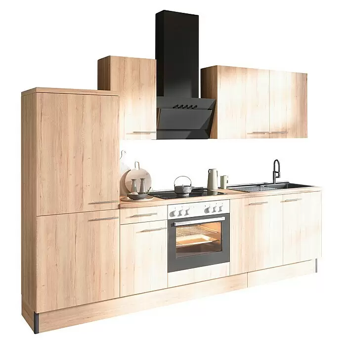 Optifit Küchenzeile OPTIkoncept Erik290 Typ 1 - Breite: 270 cm, Nachbildung Wildeiche, Mit Elektrogeräten - Moderne Küchenzeile mit hellen Holzschränken, schwarzem integriertem Backofen, Kochfeld, Spüle und Dunstabzugshaube.