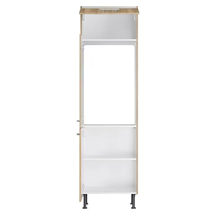 Optifit Demi-Geräteumbauschrank Erik290 - L x B x H: 58,1 x 60 x 211,8 cm, Nachbildung Wildeiche, Für integrierbaren Kühlschrank - Offener Kleiderschrank aus hellem Holz und weißem Innenraum mit Regalen und Kleiderstange.