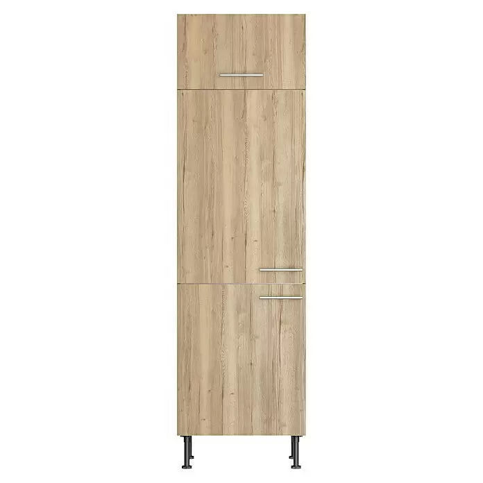 Optifit Demi-Geräteumbauschrank Erik290 - L x B x H: 58,1 x 60 x 211,8 cm, Nachbildung Wildeiche, Für integrierbaren Kühlschrank - Heller Schrank in Holzoptik mit silbernen Griffen an verschiedenen Abschnitten und schwarzen Stellfüßen.