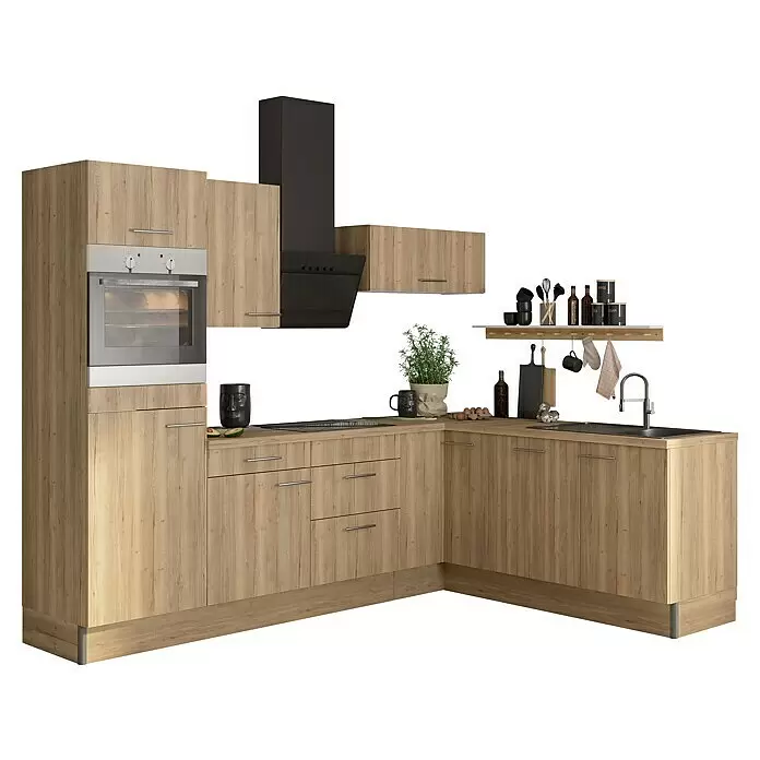 Optifit Winkelküche OPTIkoncept Erik290 Typ 1 - B x T: 270 x 200 cm, Nachbildung Wildeiche, Mit Elektrogeräten, Spüle rechts - Diagonale Ansicht
