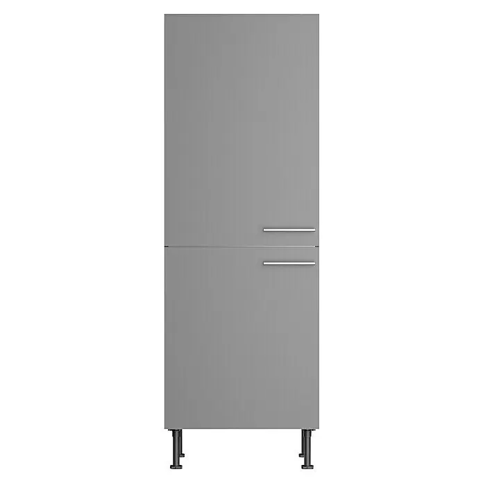 Optifit Midischrank Optikomfort Mats825 - L x B x H: 58,1 x 60 x 176,6 cm, Basaltgrau - Hoher grauer Aufbewahrungsschrank mit zwei Türen, zwei silbernen horizontalen Griffen und schwarzen verstellbaren Beinen.