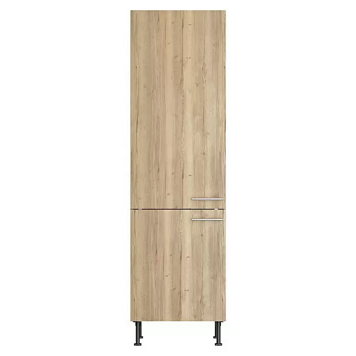 Optifit Hochschrank Erik290 - L x B x H: 58,1 x 60 x 211,8 cm, Nachbildung Wildeiche - Heller Schrank in Eichenholzoptik mit zwei Türen, silbernen Griffen und schwarzen verstellbaren Füßen.
