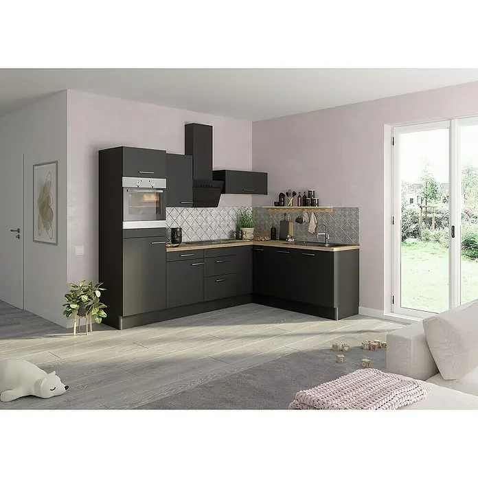 Optifit Küchenleerblock OPTIkoncept Ingvar420 Typ 1 - B x T: 270 x 200 cm, Anthrazit, Ohne Elektrogeräte, Spüle rechts - Eine moderne, schwarze Küche mit Holz Arbeitsplatte, ergänzt durch eine Dunstabzugshaube und hellen Boden.