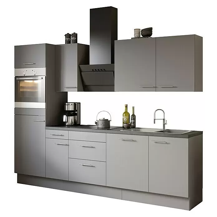 Optifit Küchenzeile OPTIkoncept Mats825 Typ 3 - Breite: 270 cm, Basaltgrau, Mit Elektrogeräten - Moderne graue Einbauküche mit integriertem Backofen, Dunstabzug, Spüle und Arbeitsplattenzubehör.