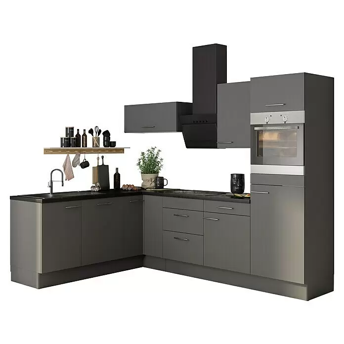 Optifit Küchenleerblock OPTIkoncept Mats825 Typ 1 - B x T: 270 x 60 cm, Basaltgrau, Ohne Elektrogeräte, Spüle links - Moderne L-förmige Küche mit dunkelgrauen Schränken, schwarzer Arbeitsplatte, Einbaubackofen und Dunstabzugshaube, ausgestattet mit Zubehör.