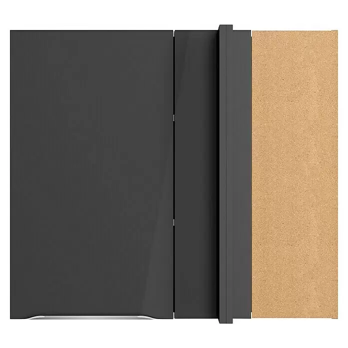 Optifit Eck-Hängeschrank Optikomfort Linus984 - L x B x H: 34,6 x 85 x 70,4 cm, Glanz Lack Anthrazit - Dunkelgraue Möbelfront/-platte und hellbraune rohe Holzseitenplatte.