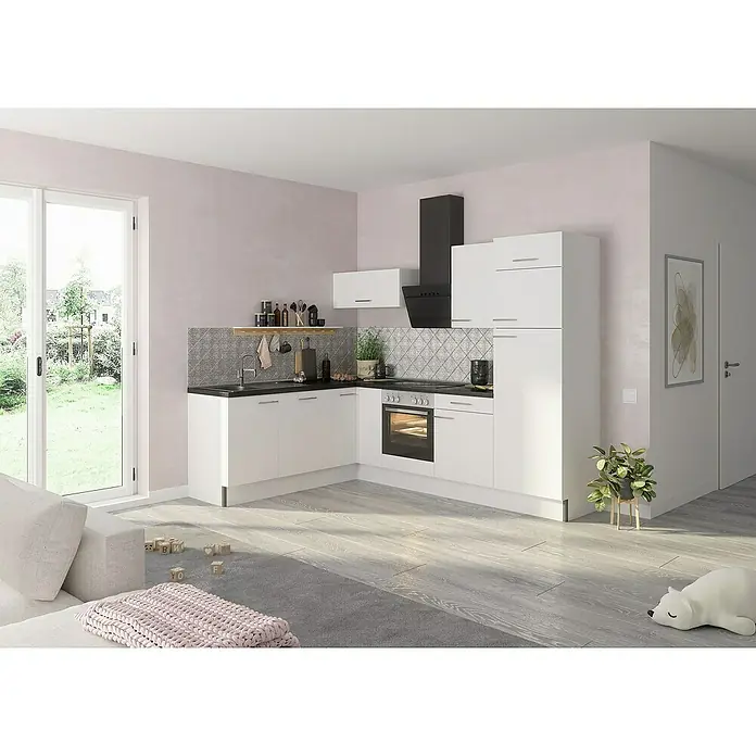 Optifit Winkelküche OPTIkoncept Rurik986 Typ 2 - B x T: 270 x 200 cm, Weiß, Mit Elektrogeräten, Spüle links - Helle Küchenzeile mit weißen Schränken, schwarzer Arbeitsplatte und modernen Geräten, ideal für kleine Räume. Praktisch und stilvoll.