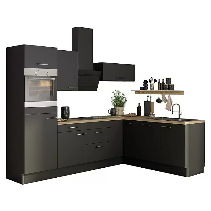 Optifit Küchenleerblock OPTIkoncept Ingvar420 Typ 1 - B x T: 270 x 200 cm, Anthrazit, Ohne Elektrogeräte, Spüle rechts - L-förmige dunkelgraue Küche, Holz-Arbeitsplatten, integrierte Geräte und Zubehör.