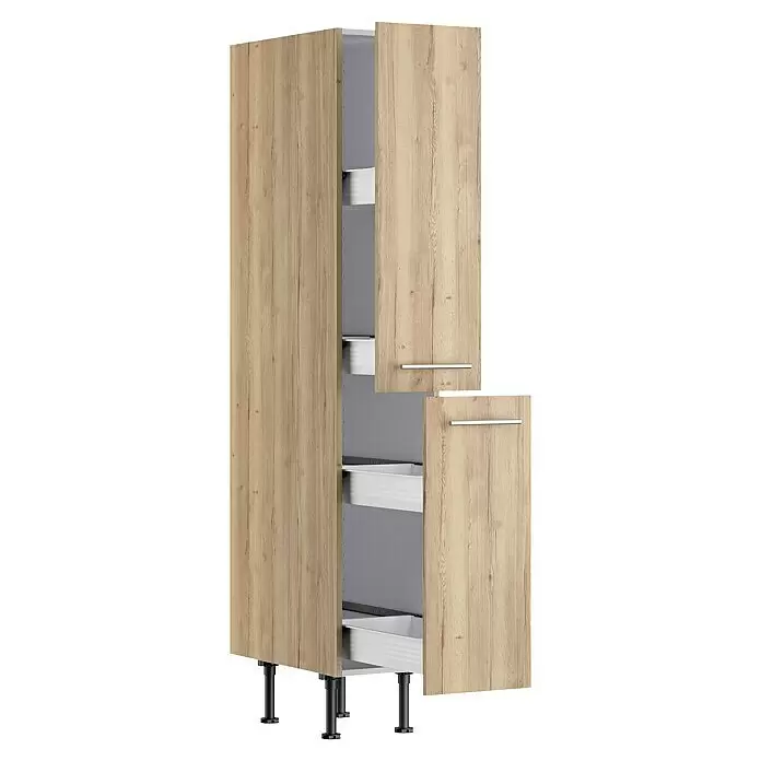 Optifit Apotheker-Hochschrank Erik290 - L x B x H: 58,1 x 30 x 176,6 cm, Nachbildung Wildeiche - Hoher Vorratsschrank in heller Holzoptik mit zwei geöffneten Türen, weißen Auszügen und silbernen Griffen, auf schwarzen Füßen.