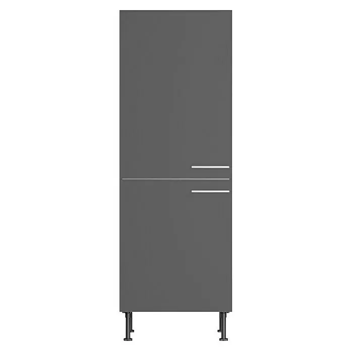 Optifit Midischrank Ingvar420 - L x B x H: 58,1 x 60 x 176,6 cm, Anthrazit matt - Hoher, dunkelgrauer Vorratsschrank mit zwei Türen, silberner Querleiste, zwei silbernen Griffen und schwarzen Füßen.