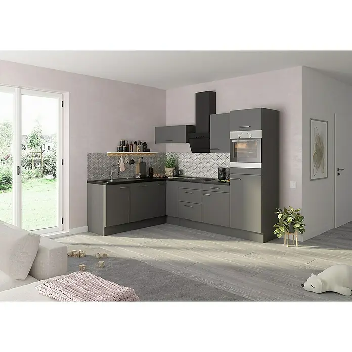 Optifit Winkelküche OPTIkoncept Mats825 Typ 1B x T: 270 x 200 cm, Basaltgrau, Mit Elektrogeräten, Spüle links - Graue Küchenzeile mit Hängeschrank, Dunstabzugshaube und Einbaubackofen in modernem Küchendesign. Zeitgemäße Raumgestaltung mit stilvollen Elementen.