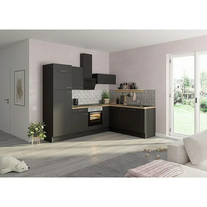 Optifit Küchenleerblock OPTIkoncept Ingvar420 Typ 2 - B x T: 270 x 200 cm, Anthrazit, Ohne Elektrogeräte, Spüle rechts - Kompakte, moderne Küche in Anthrazit mit Holzelementen und praktischer Aufteilung, ideal für kleine Räume.