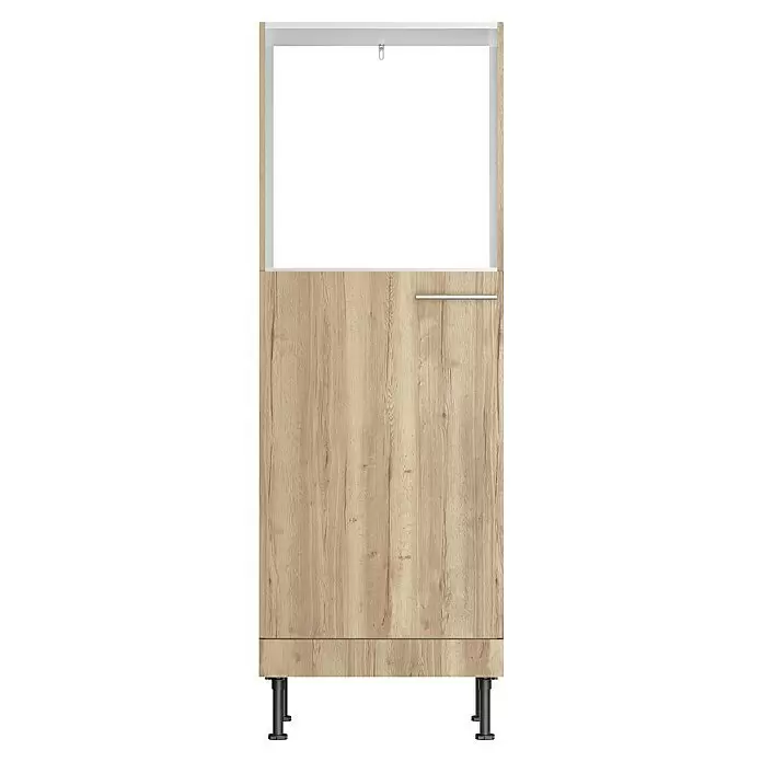 Optifit Geräteumbauschrank Erik290 - L x B x H: 58,1 x 60 x 176,6 cm, Nachbildung Wildeiche, Für Einbaubackofen und integrierbaren Kühlschrank - Helles Holzschrank mit einem weißen offenen oberen Bereich, silbernem Griff und schwarzen verstellbaren Beinen.