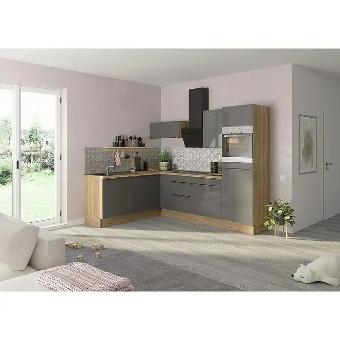 Optifit Küchenleerblock OPTIkoncept Linus984 Typ 1B x T: 270 x 200 cm, Anthrazit, Ohne Elektrogeräte, Spüle links - Moderne graue Küche mit Holzdetails, ausgestattet mit Spüle, Kochfeld und Dunstabzugshaube, für ein stilvolles Kocherlebnis.