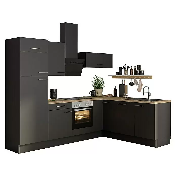 Optifit Küchenleerblock OPTIkoncept Ingvar420 Typ 2 - B x T: 270 x 200 cm, Anthrazit, Ohne Elektrogeräte, Spüle rechts - L-förmige dunkelgraue Küche mit Holzplatte, integriertem Backofen, Kochfeld, Spüle und Zubehör.