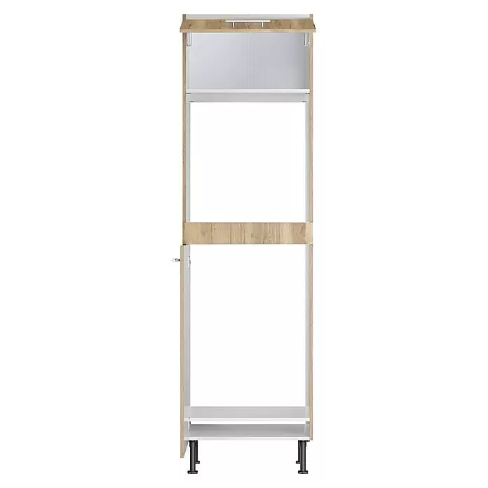 Optifit Kühlumbauschrank Erik290 - L x B x H: 58,1 x 60 x 211,8 cm, Für Backofen und integrierbaren Kühlschrank - Heller Holzdekor- und weißer Schrankrahmen mit mehreren Regalböden und verstellbaren Füßen.