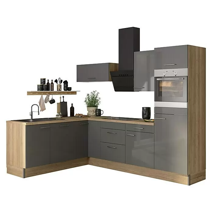 Optifit Küchenleerblock OPTIkoncept Jonte984 Typ 1 - B x T: 270 x 200 cm, Anthrazit, Ohne Elektrogeräte, Spüle links - Moderne L-förmige Küche mit grauen Schränken und hellen Holzapplikationen, ausgestattet mit Spüle, Kochfeld, Backofen und Dunstabzugshaube.