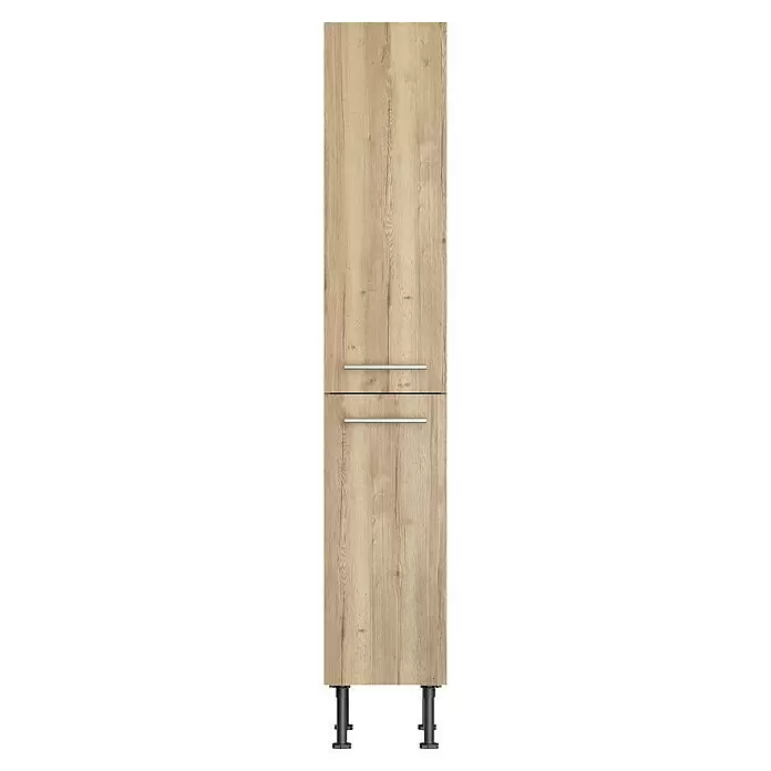 Optifit Apotheker-Hochschrank Erik290 - L x B x H: 58,1 x 30 x 176,6 cm, Nachbildung Wildeiche - Hoher Schrank in heller Holzoptik mit zwei Türen, jeweils mit silbernem Stangengriff, auf schwarzen verstellbaren Füßen.