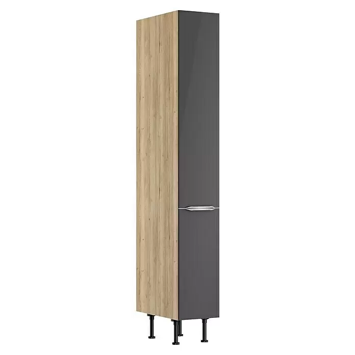 Optifit Apotheker-Hochschrank Optikomfort Linus984 - L x B x H: 58,1 x 30 x 211,8 cm, Glanz Lack Anthrazit - Hoher Schrank mit heller Holzmaserung und dunkelgrauen Türen, silbernem Griff und schwarzen, verstellbaren Füßen.