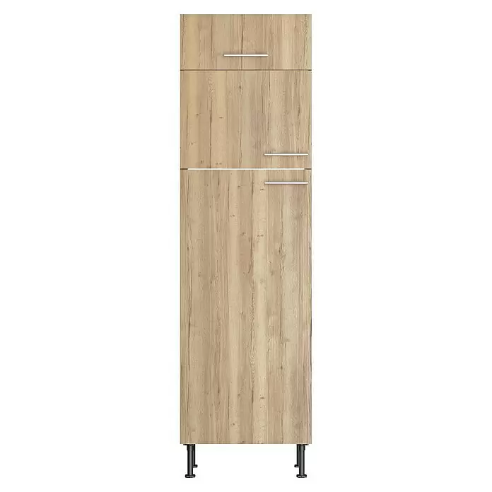 Optifit Demi-Geräteumbauschrank Erik290 - L x B x H: 58,1 x 60 x 211,8 cm, Nachbildung Wildeiche, Für integrierbare Kühl-Gefrierkombination - Helle Holzmaserung Schrankfront mit drei silbernen Griffen und schwarzen verstellbaren Füßen.