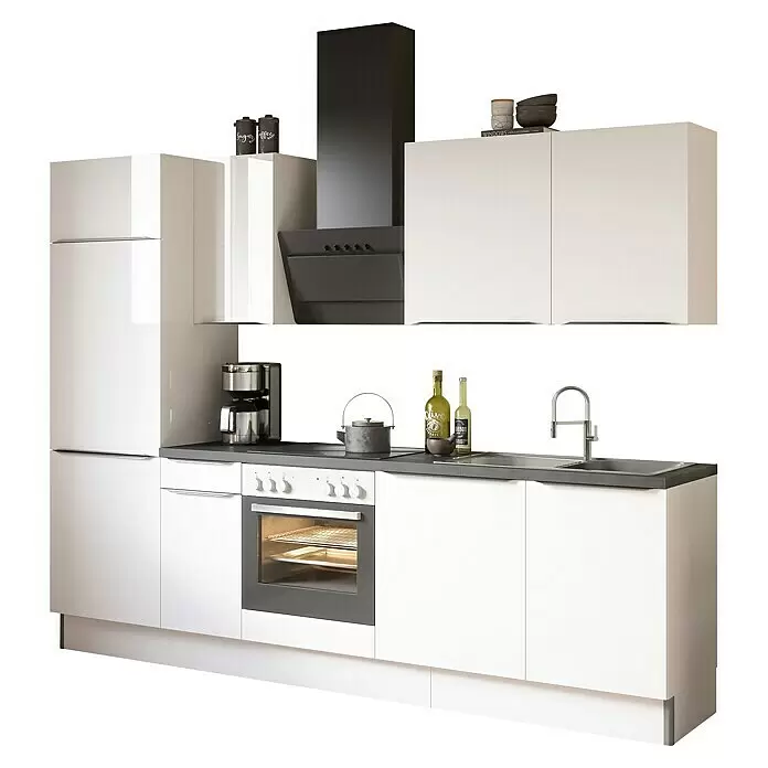 Optifit Küchenleerblock OPTIkoncept Arvid986 Typ 2 - Breite: 270 cm, Weiß, Ohne Elektrogeräte - Moderne weiße Küchenzeile mit dunkler Arbeitsplatte, Dunstabzugshaube, Backofen und Kühlschrank.