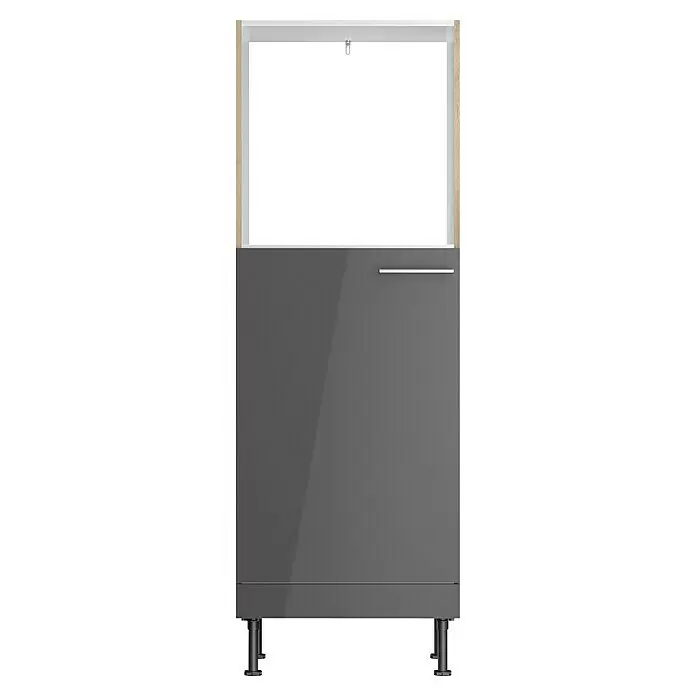 Optifit Geräteumbauschrank Jonte984 - L x B x H: 58,1 x 60 x 176,6 cm, Glanz Lack Anthrazit, Für Einbaubackofen und integrierbaren Kühlschrank - Grauer Hochglanz-Schrank mit hellem Holzrahmen, offener Ablage, silbernem Griff und dunklen Beinen.