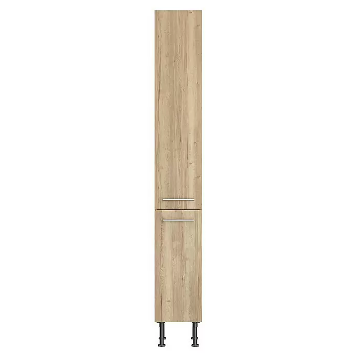 Optifit Apotheker-Hochschrank Erik290 - L x B x H: 58,1 x 30 x 211,8 cm, Nachbildung Wildeiche - Hoher Schrank aus hellem Holz mit zwei Türen, zwei horizontalen Metallgriffen und dunklen Füßen.