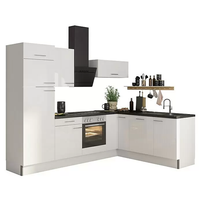 Optifit Küchenleerblock OPTIkoncept Rurik986 Typ 2 - B x T: 270 x 200 cm, Weiß, Ohne Elektrogeräte, Spüle rechts - Moderne weiße L-förmige Küche mit schwarzen Arbeitsplatten, integriertem Backofen und Dunstabzugshaube.