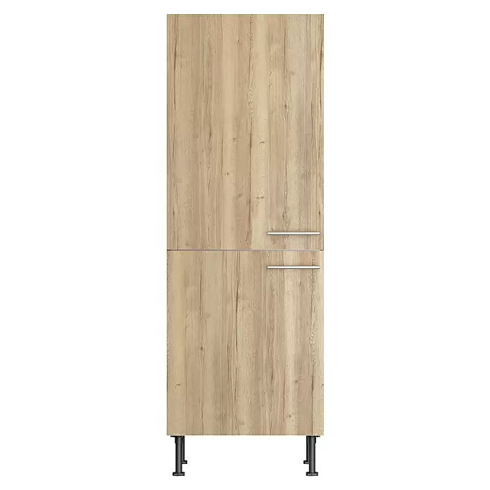 Optifit Geräteumbauschrank Erik290 - L x B x H: 58,1 x 60 x 176,6 cm, Nachbildung Wildeiche, Für integrierbaren Kühlschrank - Hoher Schrank in heller Holzoptik mit zwei Türen, silbernen Stangengriffen und schwarzen verstellbaren Füßen.