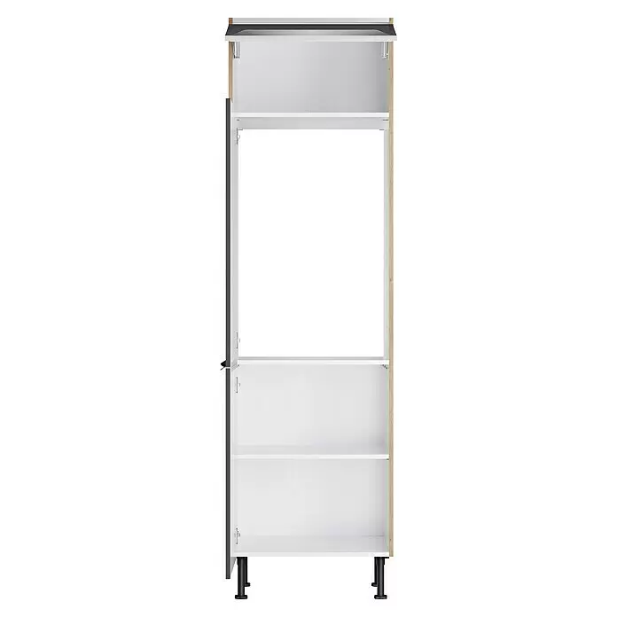 Optifit Geräteumbauschrank Optikomfort Linus984 - L x B x H: 58,1 x 60 x 211,8 cm, Glanz Lack Anthrazit, Für integrierbaren Kühlschrank - Offener weißer Schrank mit Regalböden, hellem Holzrahmen, teilweise geöffneter dunkelgrauer Tür und schwarzen Beinen.